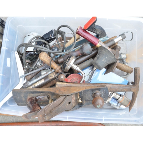 120 - Collection of tools, handheld drills, wood planes, large bow saws, axel stands, etc