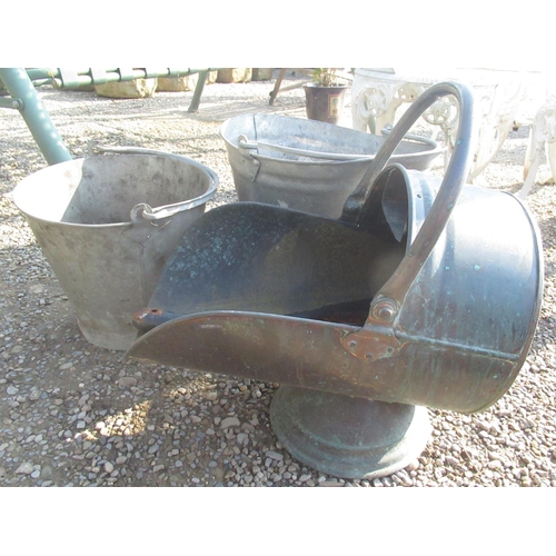 13 - Copper coal scuttle with shovel, galvanised coal bucket and galvanised bucket (3)
