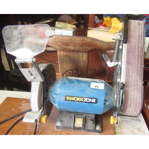 89 - Workzone bench grinder with sanding belt, with storage cupboard