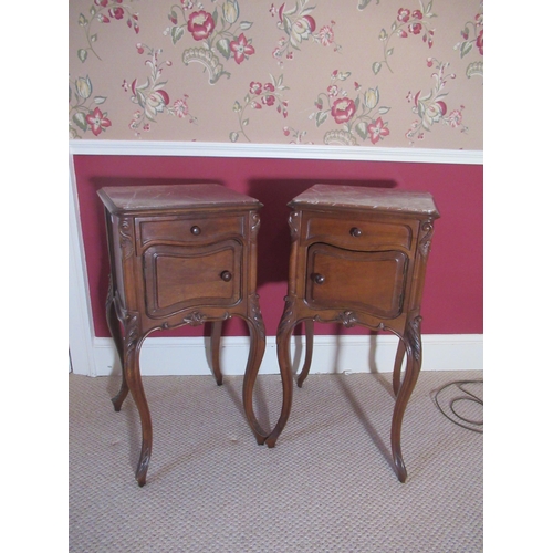 1567 - Beal House Collection - Pair of C20th French walnut bedside cabinets, inset rouge marble tops above ... 