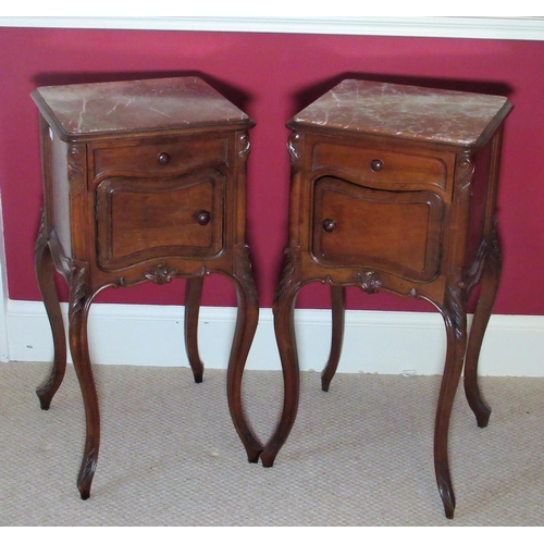 1567 - Beal House Collection - Pair of C20th French walnut bedside cabinets, inset rouge marble tops above ... 