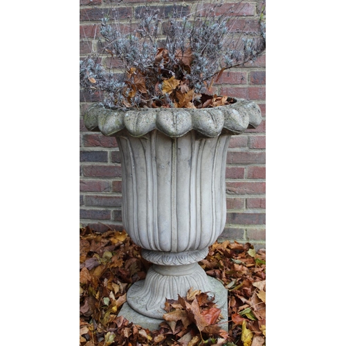 1594 - Beal House Collection - Pair of composite tulip shaped garden urns, on acanthus moulded square bases... 