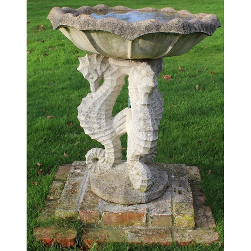 1595 - Beal House Collection - Regency Revival composite bird bath, waved edge circular top on three seahor... 