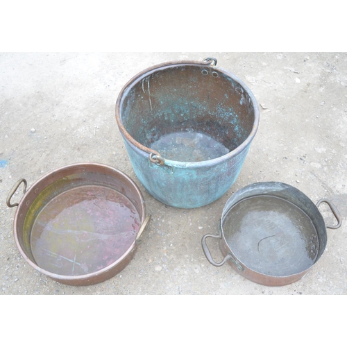 135 - Three copper pans including large cooking pot (3)