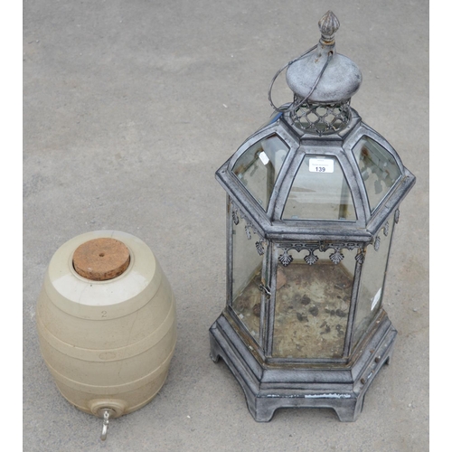 139 - Large ornate glass panelled lamp, two gallon earthenware barrel with tap (2)