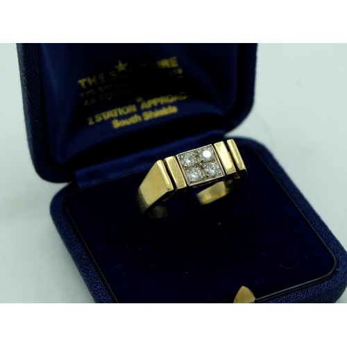 1122 - Hallmarked 18ct yellow gold Gents dress ring with four round cut diamonds to centre by S & D, 750, B... 