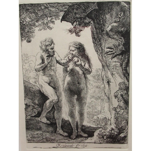 1258 - After Rembrandt: Adam & Eve beside the apple tree, monochrome etching, reprint, 16cm x 11cm