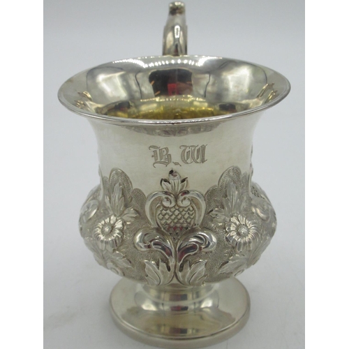 1197 - Victorian hallmarked Sterling silver Christening mug, urn shaped body with with C scroll and repouss... 