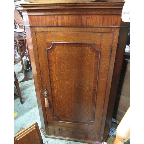 1543 - Early C19th mahogany cross banded golden oak corner cupboard, moulded door above three shaped shelve... 