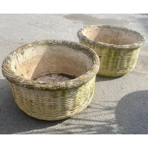 1587 - Pair of composition circular basketweave planters with owl trademark, D41cm H32cm (2)