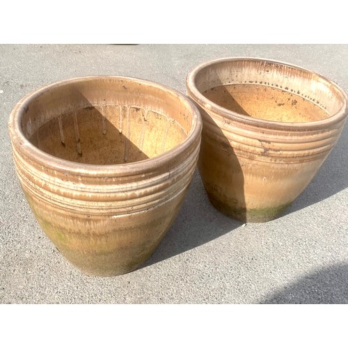 1586 - Pair of glazed terracotta garden planters, cylindrical bodies with ribbed band, D36cm H34cm (2)