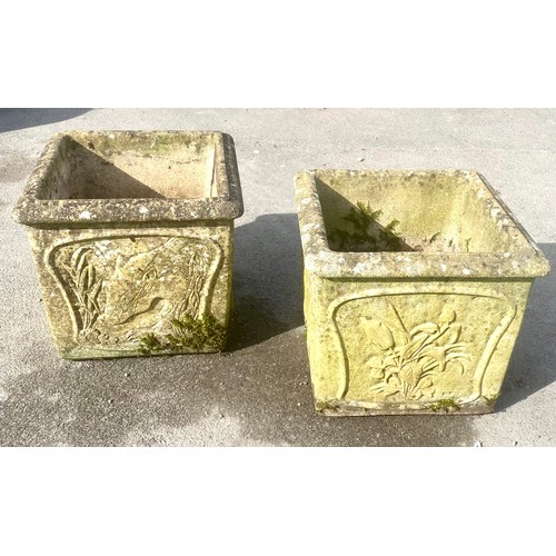 1585 - Pair of Willowstone composition square garden planters, decorated with animals and foliage, D36 W36 ... 