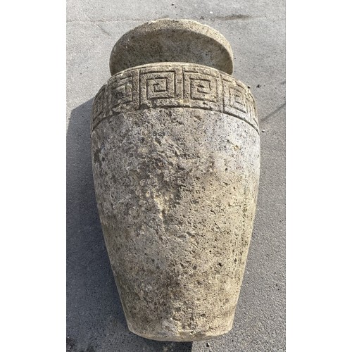 1580A - Large carved stone olive jar, tapering cylindrical body with flared rim and Greek key band, H87cm D5... 