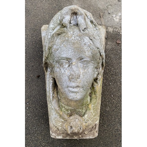 1588 - C19th stone tapering rectangular keystone, relief carved as a female head, W30cm D31cm H52cm