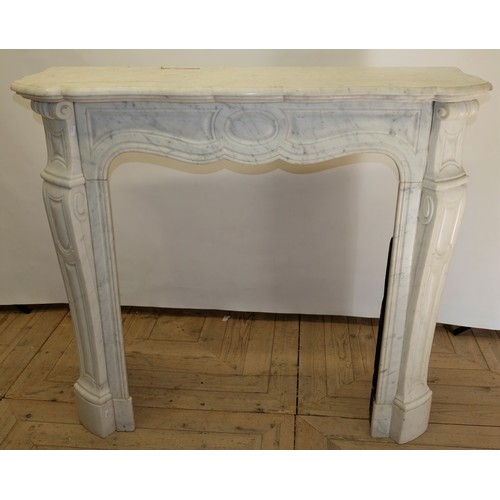 1590 - French Rococo Revival white marble fire surround, shaped mantle and frieze on scrolled supports, W12... 