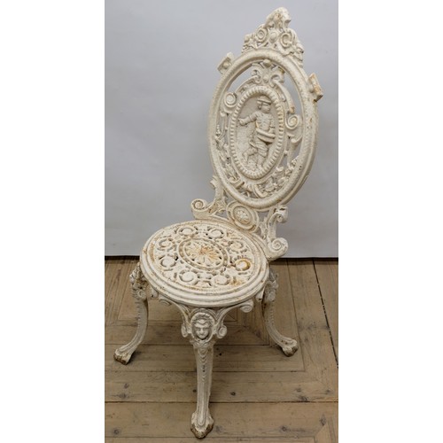 1591 - Coalbrookdale style cast iron conservatory chair, pierced oval back with scroll cresting and relief ... 