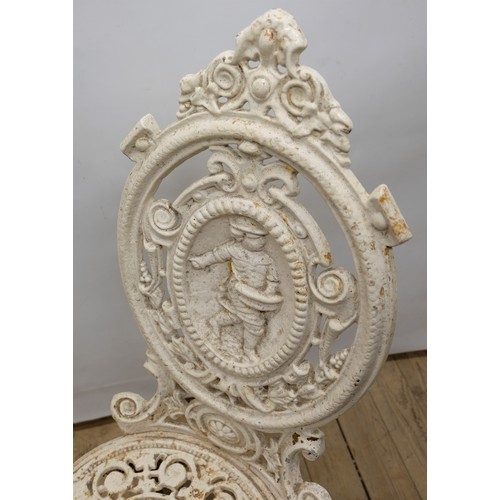 1591 - Coalbrookdale style cast iron conservatory chair, pierced oval back with scroll cresting and relief ... 