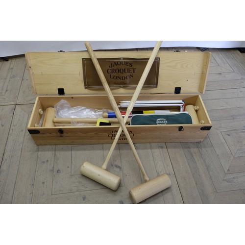 1592 - Jaques Croquet set, with four Corrigrip mallets, hoops, balls etc in pine case