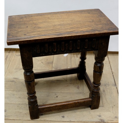 1569 - C17th style oak joint stool, rectangular top and lobed frieze on baluster turned and block supports ... 