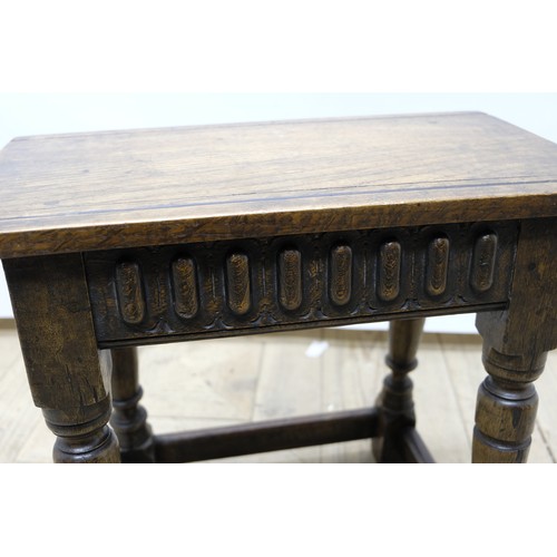 1569 - C17th style oak joint stool, rectangular top and lobed frieze on baluster turned and block supports ... 