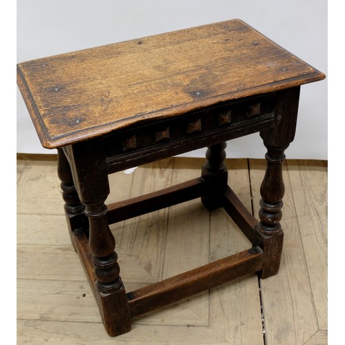 1570 - C17th style oak joint stool, rectangular top and lozenge frieze on baluster turned and block support... 