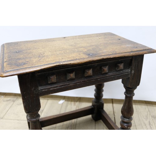 1570 - C17th style oak joint stool, rectangular top and lozenge frieze on baluster turned and block support... 