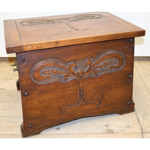 1565 - Art Nouveau walnut coal box, hinged lid and front carved with stylised tree, tin liner, W36cm D34cm ... 