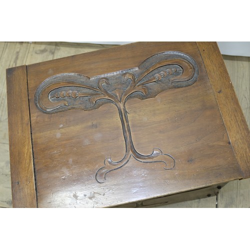 1565 - Art Nouveau walnut coal box, hinged lid and front carved with stylised tree, tin liner, W36cm D34cm ... 