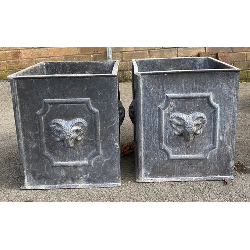 1598 - Pair of lead square garden planters, the sides relief decorated with rams heads, W26cm D26cm H30cm a... 