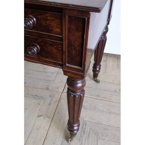 1571 - William IV mahogany kneehole desk, reeded top above four short and one long cockbeaded drawers with ... 