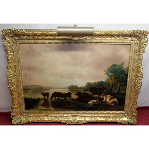 1273 - David Hall Collection - English School (C19th); Cattle watering at twilight, oil on canvas, 50cm x 7... 