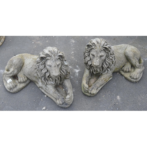 147 - Pair of reconstitute recumbent lions, approx L27