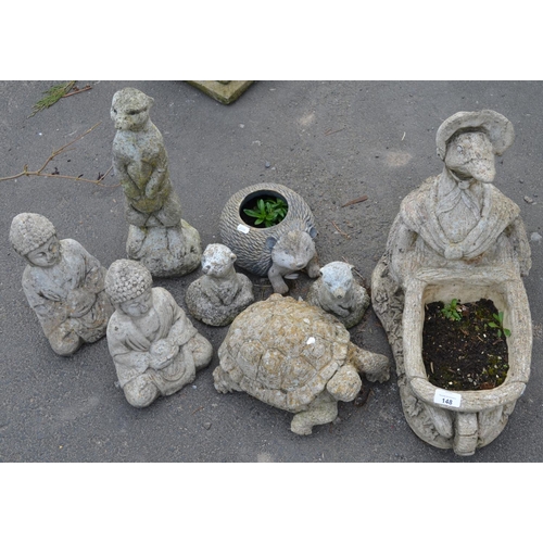 148 - Collection of garden ornaments including Mrs Puddleduck, tortoise, meerkats, Buddha, hedgehog, etc (... 