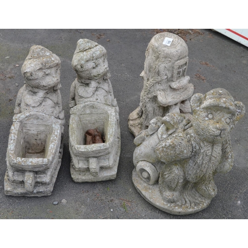 150 - Pair of reconstitute stone bears with wheelbarrows, golfing bear, mouse fairy house (4)