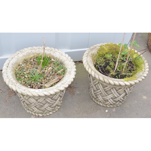 166 - Pair of large reconstituted planters with lattice design and rope edging, (planted up) W21