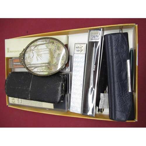 207 - Selection of Parker and other ball point pens, a small embroidered picture and a pair of gold plated... 