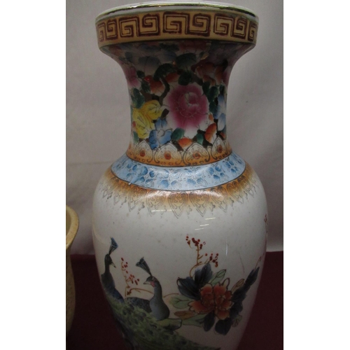 204 - Selection of pottery and glass ceiling lamp shades including Chinese style vase, Crown Devon Fieldin... 