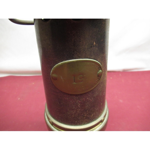 154 - Brass and steel miners safety lamp marked 19, H27cm