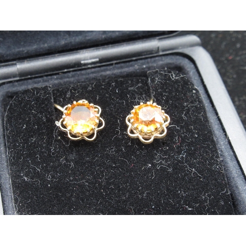 20 - 9ct yellow gold screw back earrings with faceted claw set orange stones with open work petals, stamp... 