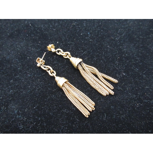 24 - Yellow metal tassel pendant L5cm, on a 9ct yellow gold chain with spring ring clasp,  L46cm, stamped... 