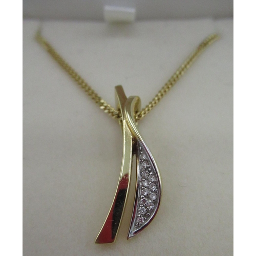 36 - 18ct gold abstract pendant inset with twelve round cut diamonds, on a flat curb chain necklace with ... 