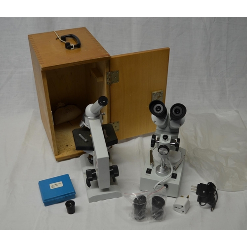 78 - Russian monocular reflected mirror lit microscope with lens, another Amscope binocular microscope wi... 