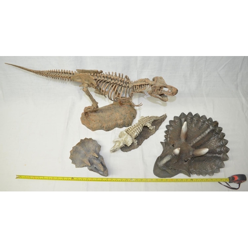 79 - Resin T-Rex model, large Triceratops wall hanging skull by D.W.K, another smaller Triceratops skull ... 