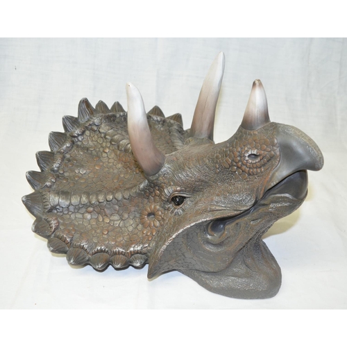 79 - Resin T-Rex model, large Triceratops wall hanging skull by D.W.K, another smaller Triceratops skull ... 