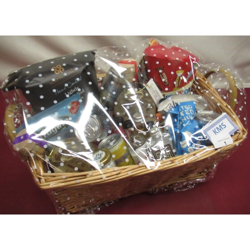1 - Gin lovers hamper, selection of various gins, tonics, crisps, chocolates and nibbles in twin handled... 