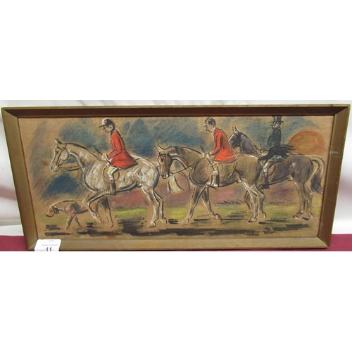 11 - Framed painting of canvas of huntsman and hound, 47.5cm x 22cm incl frame (donated by Clive)