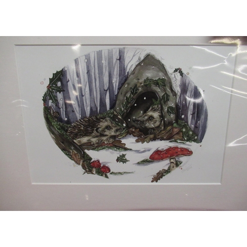 9 - Hollie Childe limited edition print no 6/200 of hedgehogs in a winter scene, mounted and unframed wi... 