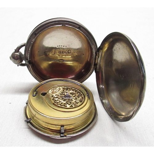 82 - Geo. IV silver Hunter cased verge pocket watch, white enamel dial numbered 12077, by Jas. (James) Mc... 