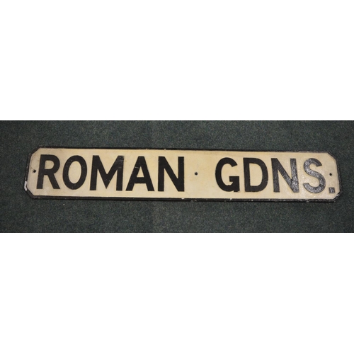 352 - Roman Gardens cast iron road sign, white with black lettering, 917mm x 154mm