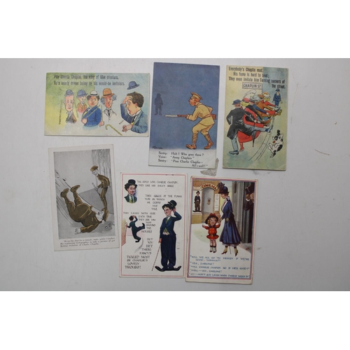 761 - Collection of theatre and cinema related postcards, mainly comic with some Charlie Chaplin related a... 